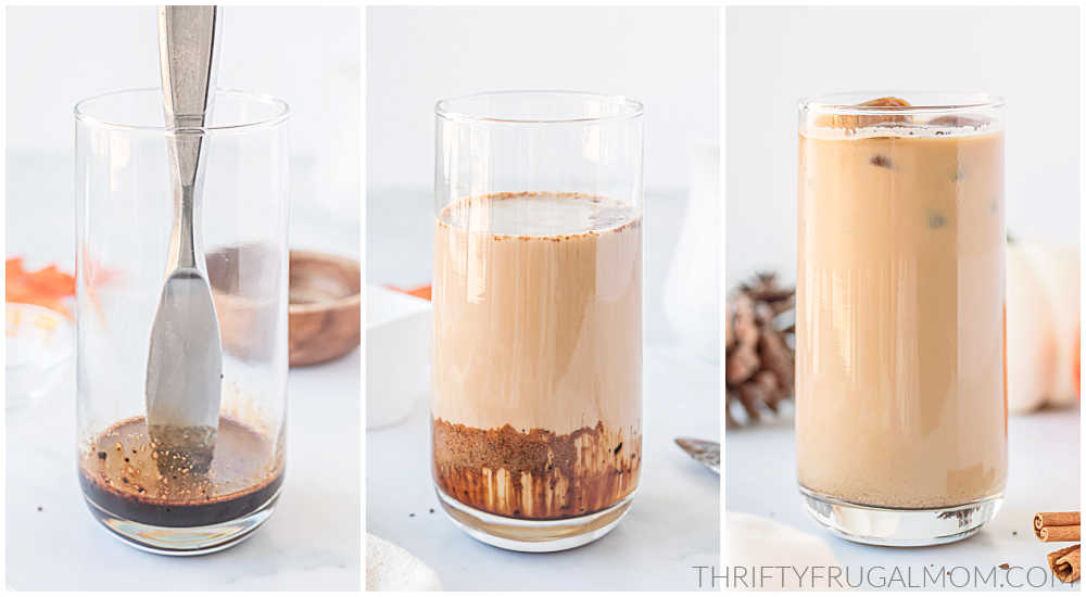 Adding all of the ingredients to a glass to make a pumpkin latte.