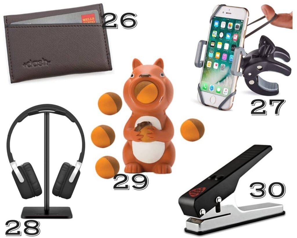 a collage of frugal gifts for husband including headphone stand, guitar pick maker and slim wallet
