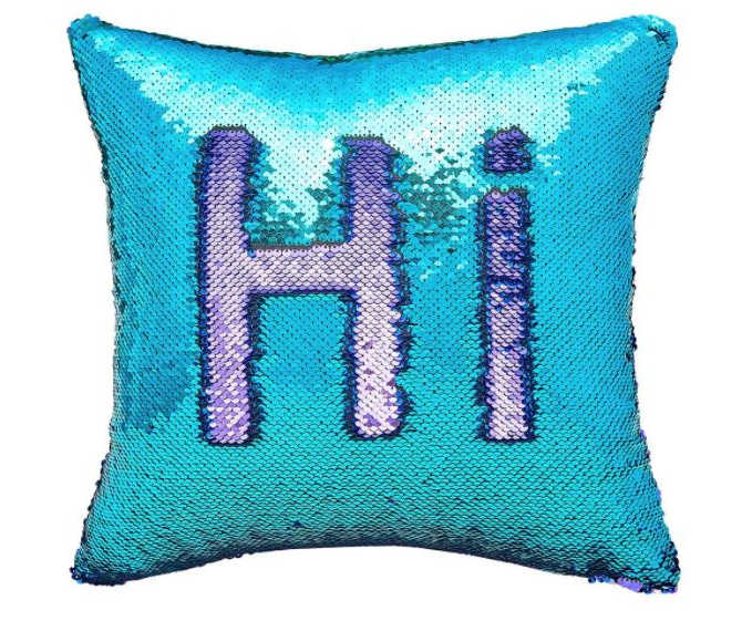 a blue and purple sequin pillow 