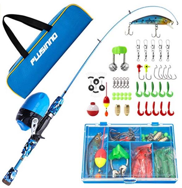 a fishing pole along with hooks, tackle and more