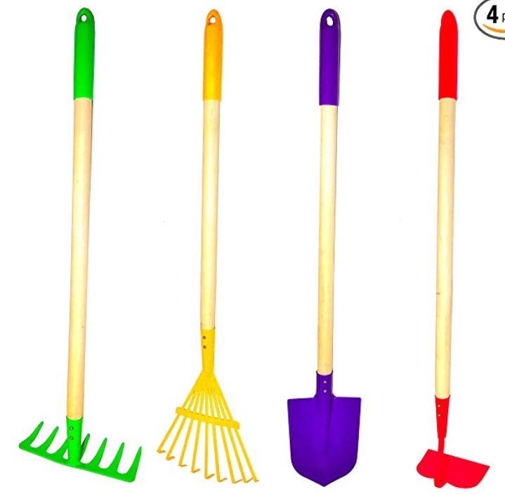 a collection of kid's garden tools- a rake, shovel, hoe 