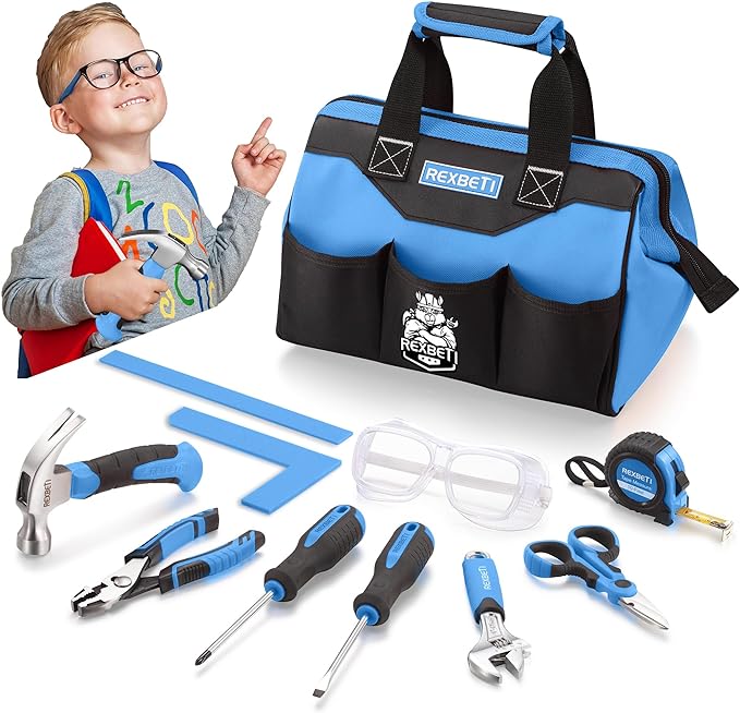 a tool bag and tool set for kids with a happy boy looking on