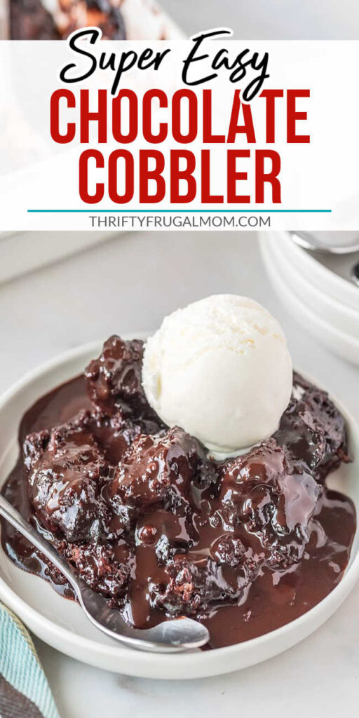 Chocolate cobbler on a small plate with a scoop of ice cream and text overlay.