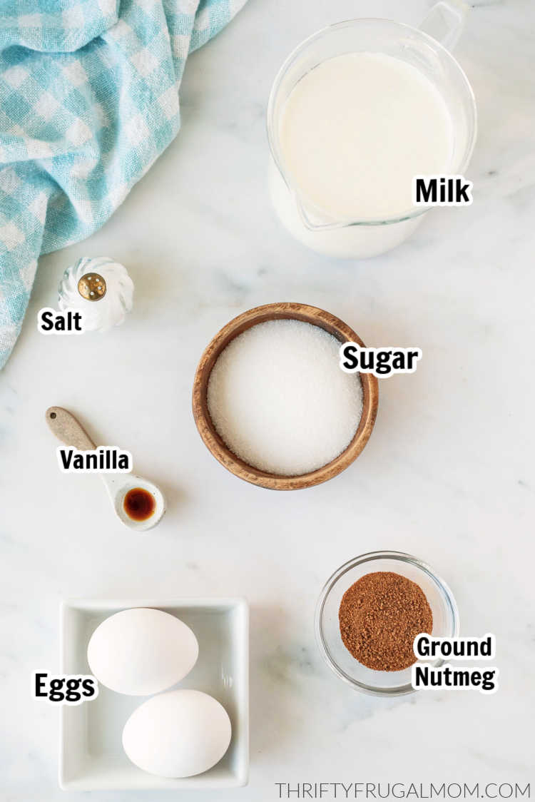 Ingredients labeled to make a warm vanilla custard drink.