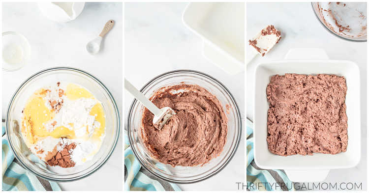 a collage of three photos showing the process of making easy fudgy chocolate cobbler