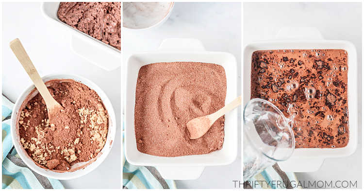 a collage of three photos showing the steps for making the chocolate sauce part of chocolate cobbler