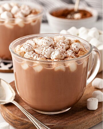 Homemade hot cocoa topped with cocoa-dusted mini marshmallows in a glass mug on a wooden board.