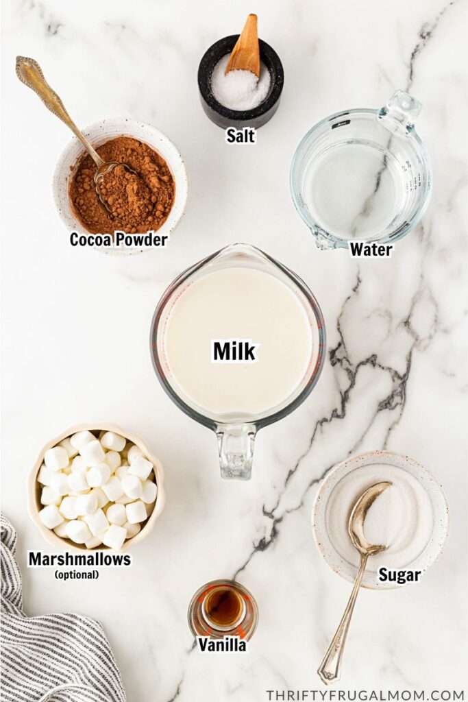 Easy homemade hot cocoa ingredients, labeled: cocoa powder, sugar, milk, water, salt, vanilla, and optional marshmallows.