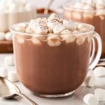 se up of homemade hot cocoa in a glass mug piled with cocoa dusted mini marshmallows, with a spoon alongside.